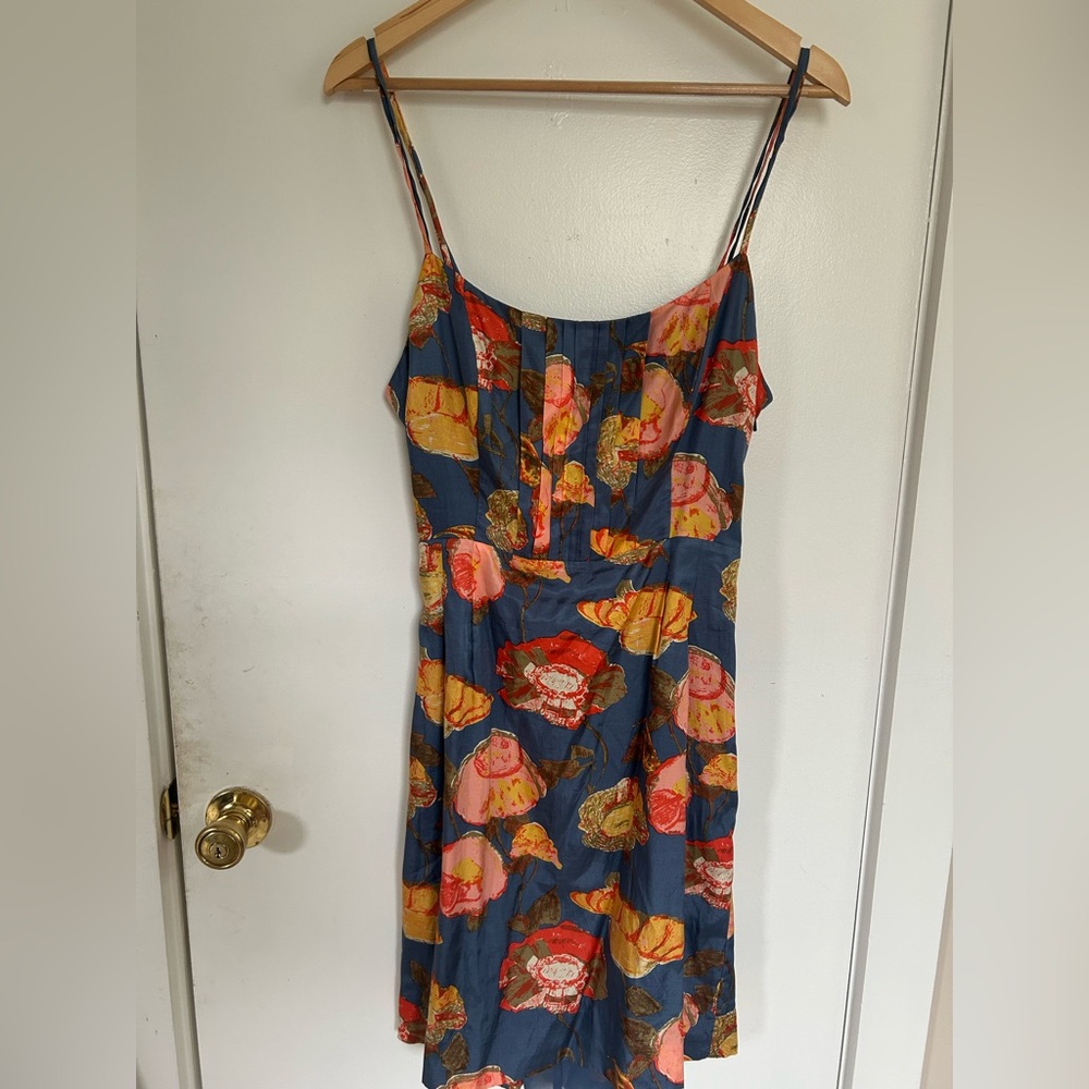 Maeve Navy Floral Spaghetti-Strap Mini Dress with Pink and Yellow Blooms